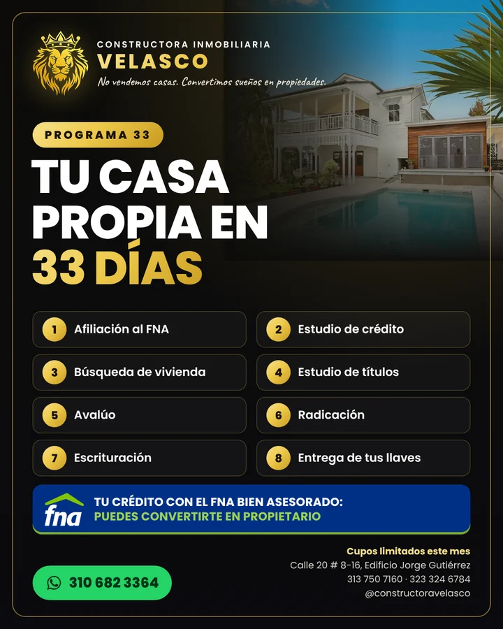 Flyer Programa 33: tu casa propia en 33 días con Constructora Inmobiliaria Velasco y el FNA